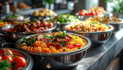 Obraz premium Vibrant buffet line featuring a wide variety of colorful, freshly prepared meals