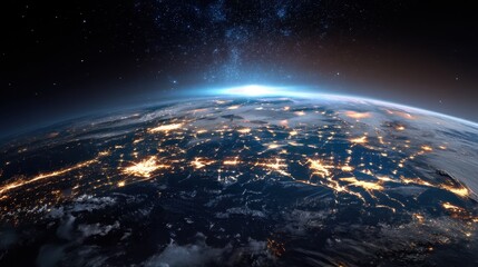 Obraz premium A view of the Earth at night, with the stars and the moon visible in the sky. The scene is serene and peaceful