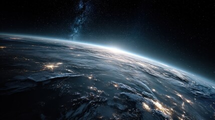 Obraz premium A view of the Earth from space with a bright star in the background. Concept of awe and wonder at the vastness of the universe and the beauty of our planet