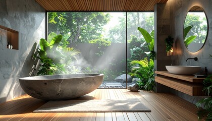 Luxurious modern bathroom with natural stone tub and expansive window to lush tropical nature, a serene spa oasis for ultimate relaxation