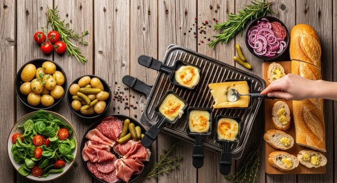Delicious raclette meal with melted cheese served on a grilling machine, surrounded by fresh ingredients such as potatoes, tomatoes, greens, pickles, onions, and cured meats, presented on a rustic...