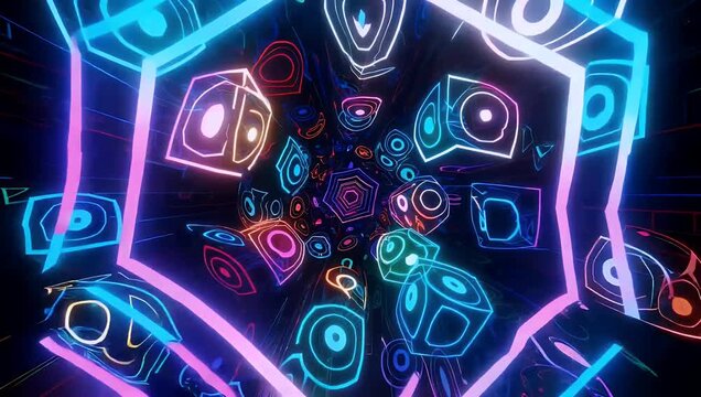 Dynamic 4K Ultra HD vj loop abstract background where the camera rapidly flies through a cubic data array creating intense dj visuals effects and visual loops for music or vfx background