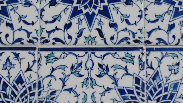 Intricate Blue and White Ceramic Tile Pattern with Floral and Geometric Motifs.
