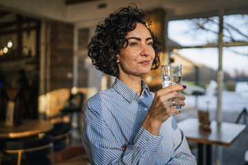 Woman drinking water enjoying a healthy break in cafe