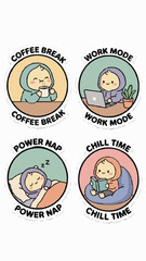 Fototapeta premium Cute vector sticker of daily activities, character drinking coffee, working on laptop, resting, flat design, rounded shapes, minimal details, clean outline, sticker pack style, white background