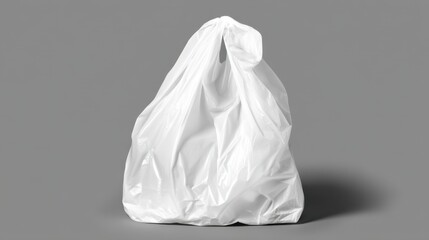 A white plastic bag is sitting on a grey surface. The bag is open and has a hole in it. The bag is empty and he is discarded. Concept of waste and disregard for the environment