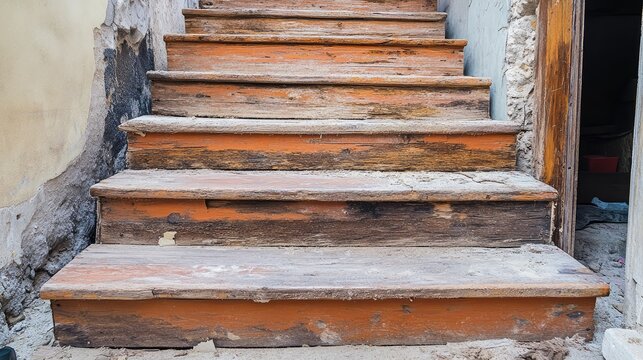 A staircase with a wooden railing and a door in the background