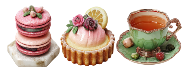 Elegant Afternoon Tea Set with Fine Pastries and Intricate Cup Presentation