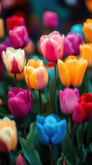 A colorful field of tulips with a blue flower in the middle. The flowers are in various colors including red, yellow, and purple