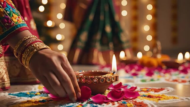 A beautifully decorated traditional Indian clay oil lamp, known as a diya, glows warmly amidst vibrant rose petals and a colorful rangoli design, symbolizing the festive spirit of Diwali and Hindu ce.