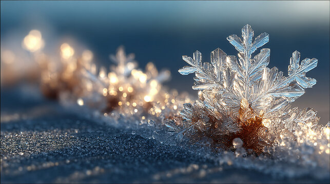 A detailed close-up of a snowflake resting on snow with other blurred snowflakes.