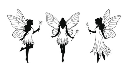 Three elegant fairies with delicate wings a striking black silhouette