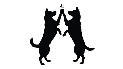 Two dogs playfully high fiving each other in a striking silhouette