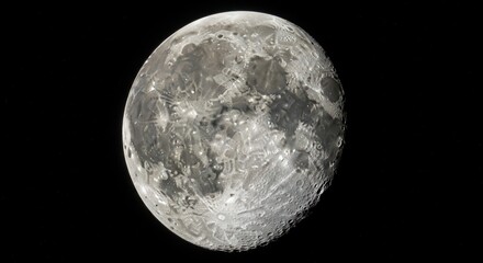 Obraz premium Full moon illuminated against a black background displaying craters, mountains, and lunar surface textures with details revealed in the light. The image evokes a sense of mystery and celestial beauty.
