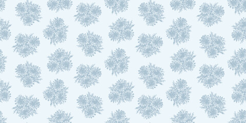 Pastel light blue floral seamless pattern with hand drawn sketch small daisy flowers. Delicate outline turquoise retro botanical ditsy bouquets print for textile, wrapping paper, package