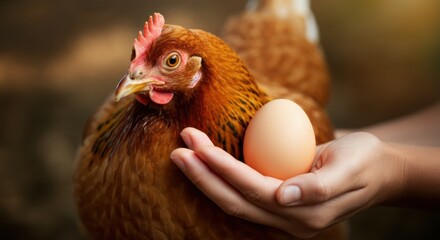 Hen with egg cradled in hands against soft natural blurred background closeup