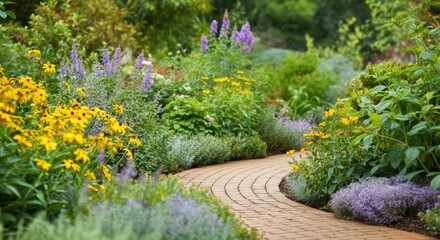 Curved brick garden path winding through lush flowering borders and greenery