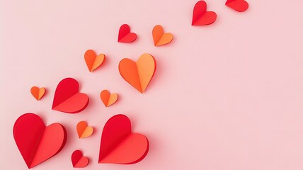 Colorful Paper Hearts Background for Valentine's Day Celebrations and Romantic Occasions with Red and Orange Hearts on Pink Surface