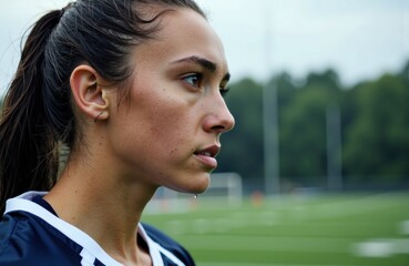 Woman athlete on soccer field with focused profile and sweating determination