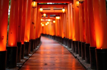 Naklejka premium Torii gates forming a glowing red corridor with lanterns along a wooden path