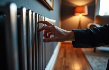 Hand adjusting radiator valve in cozy living room with warm lamp lighting