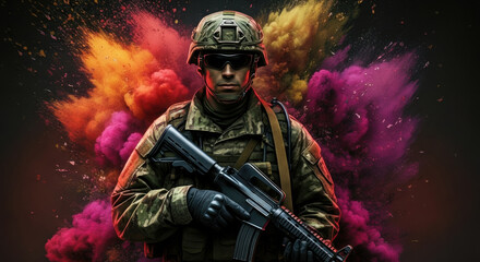 Fototapeta premium Soldier in modern combat gear standing with rifle against colorful smoke