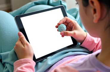 Girl holding tablet with blank screen and a small textured ball in hand