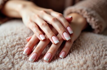 Naklejka premium Woman's hands with French manicure resting on soft knit blanket for care