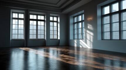 A large room with a lot of windows and a lot of light. The room is empty and has a very clean and bright appearance