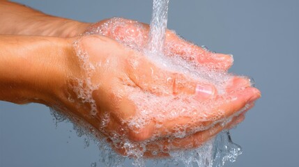 Clean Hands Under Running Water with Bubbles in a Soft Gray Background for Hygiene and Health Awareness