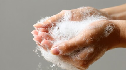 Fototapeta premium Close-Up of Hands Foaming with Soap for Effective Cleaning and Hygiene Practices Against Germs and Bacteria