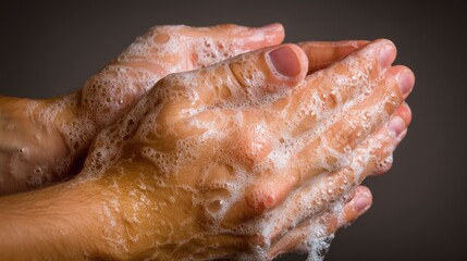 Fototapeta premium Hands with Soap Foam Washing for Hygiene or Cleanliness Concepts in Dark Background