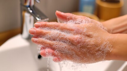 Fototapeta premium Hand Washing Process with Soap Foam in a Modern Bathroom Setting for Hygiene Promotion