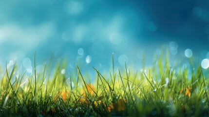 A field of grass with a blue sky in the background. The grass is lush and green, and the sky is clear and bright. Concept of calm and tranquility