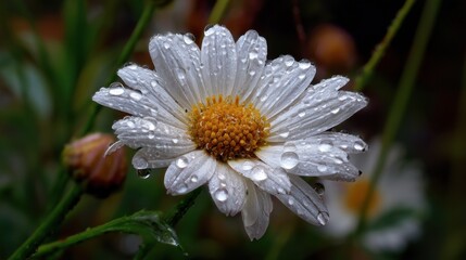 A white flower with droplets of water on it. The droplets are small and scattered, giving the flower a delicate and serene appearance