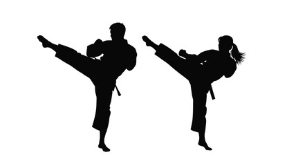 Two martial artists performing a high kick in dynamic pose silhouette