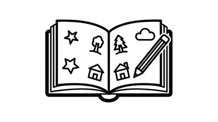 An open book with simple drawings and a pencil black silhouette