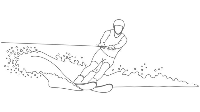 Water skier in action with dynamic spray single line drawing silhouette