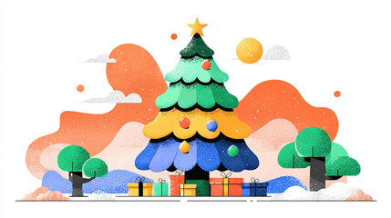Obraz premium Festive, colorful Christmas tree decorated with ornaments and surrounded by gifts.