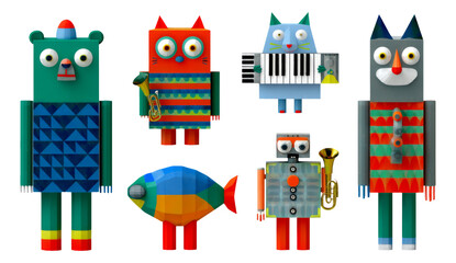 Obraz premium Colorful Musical Characters Band Playing Instruments on Transparent Background