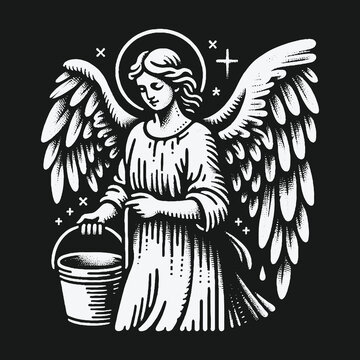 Angel with Bucket: Divine Illustration in Monochrome.