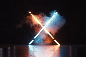 3D Rendering of Illuminated Blue and Orange Letter X in Front of Grunge Wall