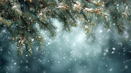 A snow covered tree branch with snowflakes falling from it. Concept of tranquility and peacefulness, as the snowflakes gently fall on the tree, creating a serene atmosphere