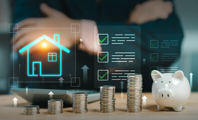 A savings concept showing a piggy bank and increasing stacks of coins next to a glowing house icon and a digital checklist, symbolizing successful home financial planning.