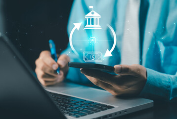 A businessman using a smartphone and laptop, with an overlay graphic showing an AI-powered financial transaction cycle between a bank/institution icon and a dollar/cash icon.