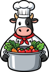Cartoon Cow Chef Mascot in Uniform Holding a Large Pot Filled with Fresh Vegetables.