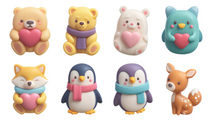 Naklejka premium Adorable 3D Clay-Carved Plush Animals with Heart Decorations on Transparent Background