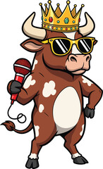 Cool cartoon bull wearing a gold crown and sunglasses holding a red microphone and singing like a king.