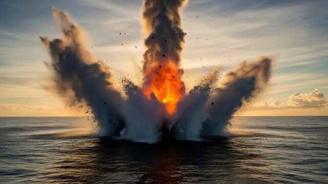 Initial explosion bubble followed by intense fiery blast and aftermath of water and debris erupting from sea surface.