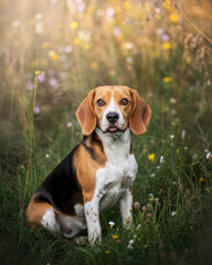 Beagle dog sitting in wildflower meadow, calm outdoor pet portrait in natural light